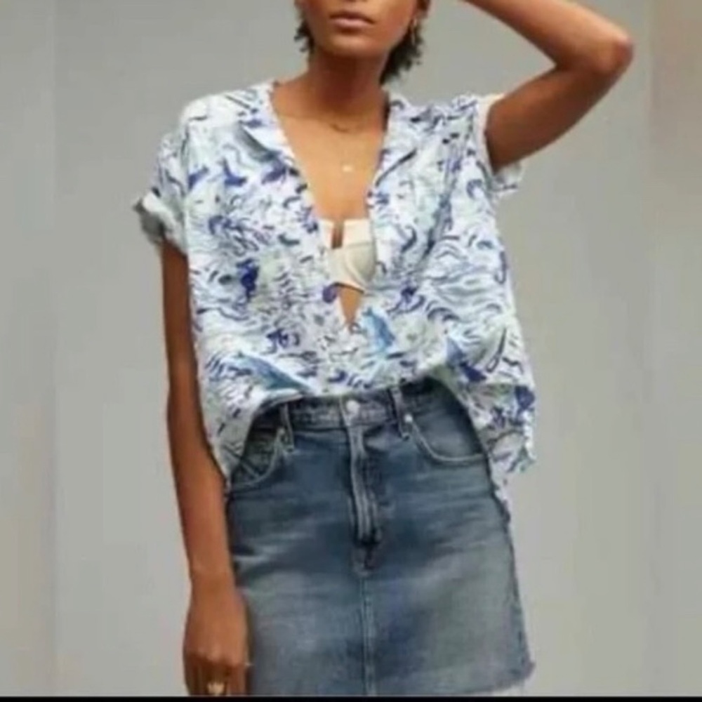 Maeve Anthropologie Ocean Surf Linen Blend Print Split Open Back Top Sailing XS